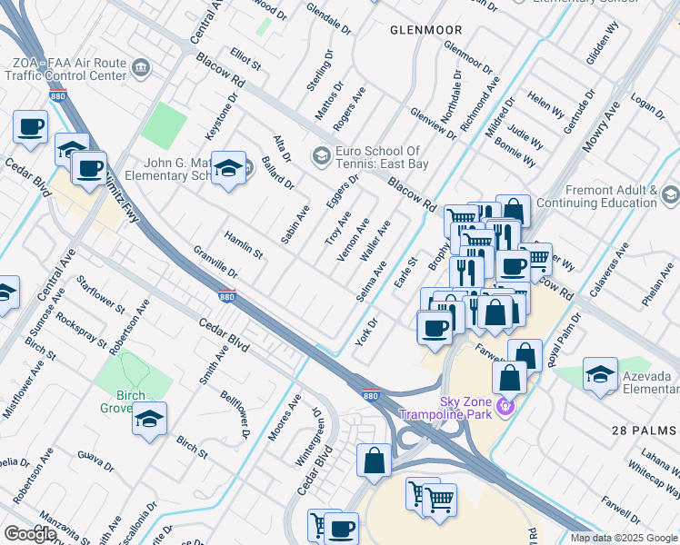map of restaurants, bars, coffee shops, grocery stores, and more near 5265 Vernon Avenue in Fremont