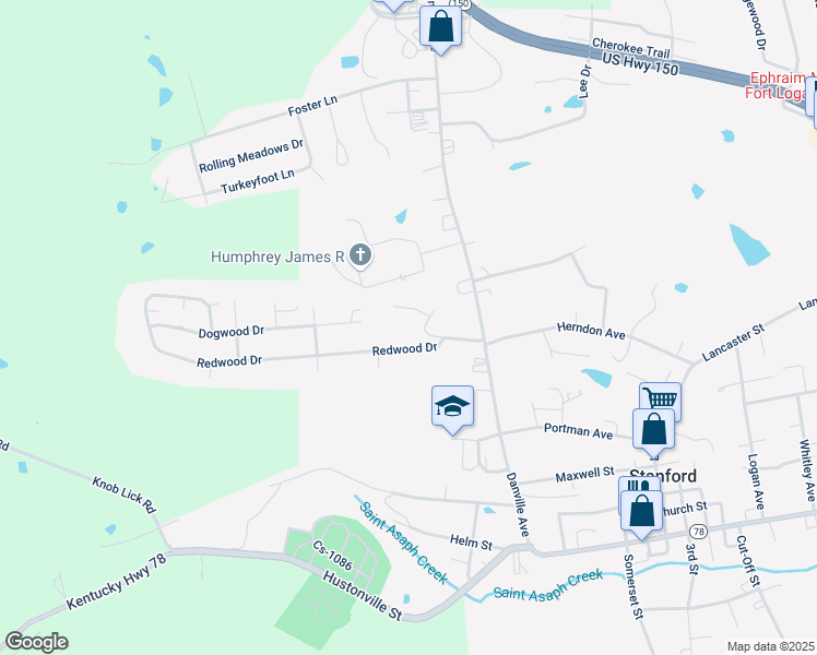 map of restaurants, bars, coffee shops, grocery stores, and more near 103 Oakwood Drive in Stanford