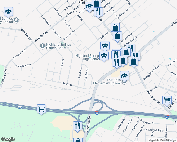 map of restaurants, bars, coffee shops, grocery stores, and more near 409 Sherilyn Drive in Highland Springs