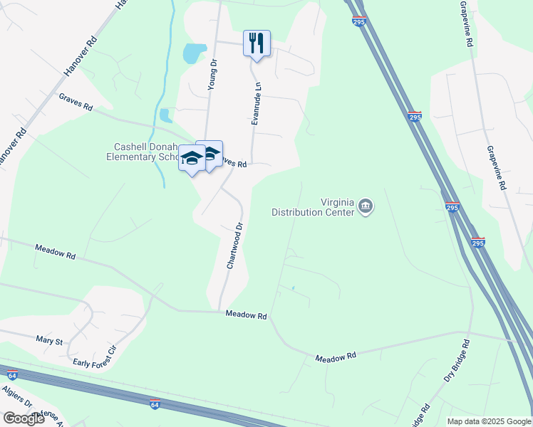 map of restaurants, bars, coffee shops, grocery stores, and more near 360 Boxwood Drive in Sandston