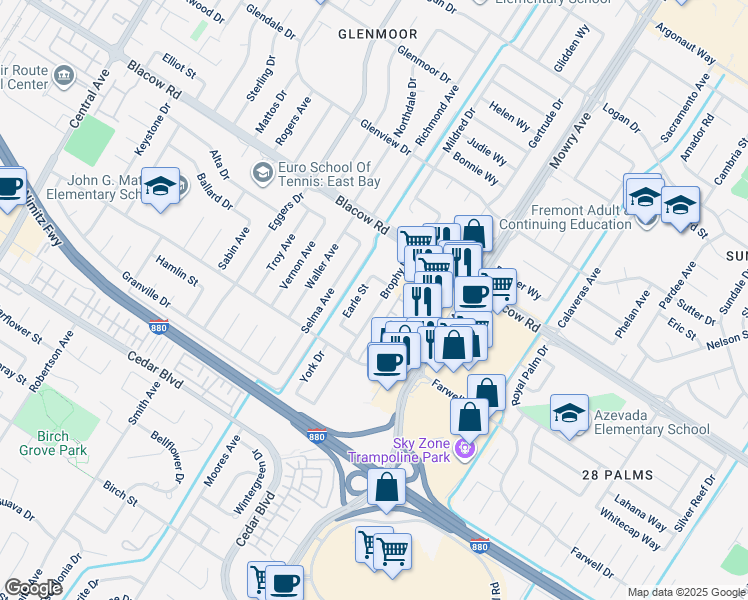 map of restaurants, bars, coffee shops, grocery stores, and more near 5141 Brophy Drive in Fremont