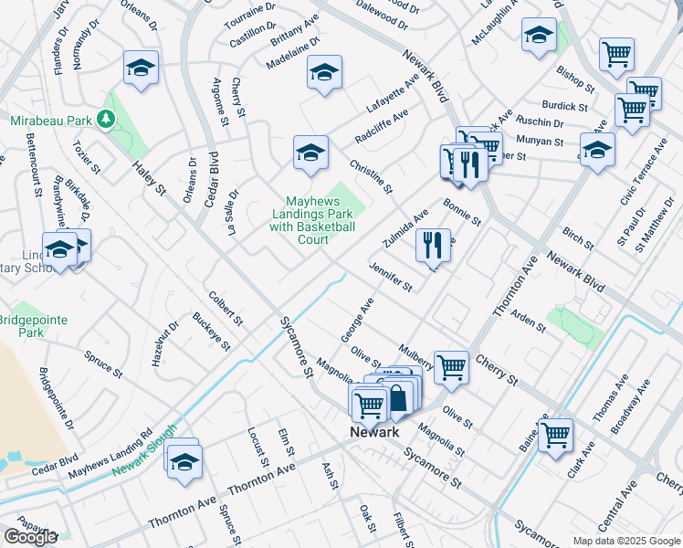 map of restaurants, bars, coffee shops, grocery stores, and more near 36523 Cherry Street in Newark