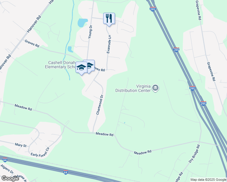map of restaurants, bars, coffee shops, grocery stores, and more near 360 Boxwood Drive in Sandston