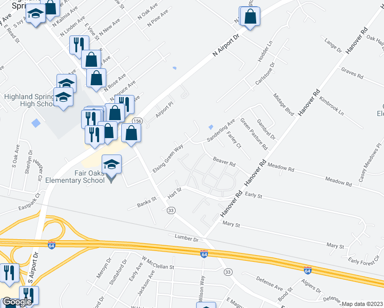 map of restaurants, bars, coffee shops, grocery stores, and more near 319 Bernie Court in Highland Springs