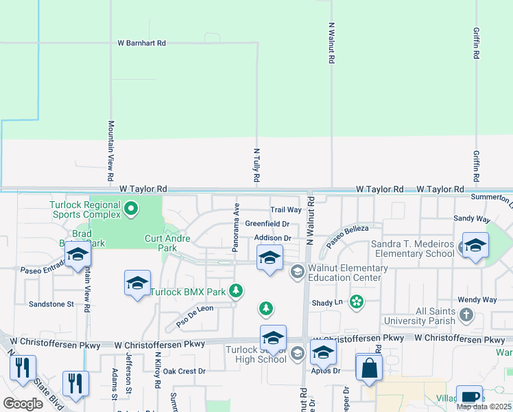 map of restaurants, bars, coffee shops, grocery stores, and more near 1931 Trail Way in Turlock