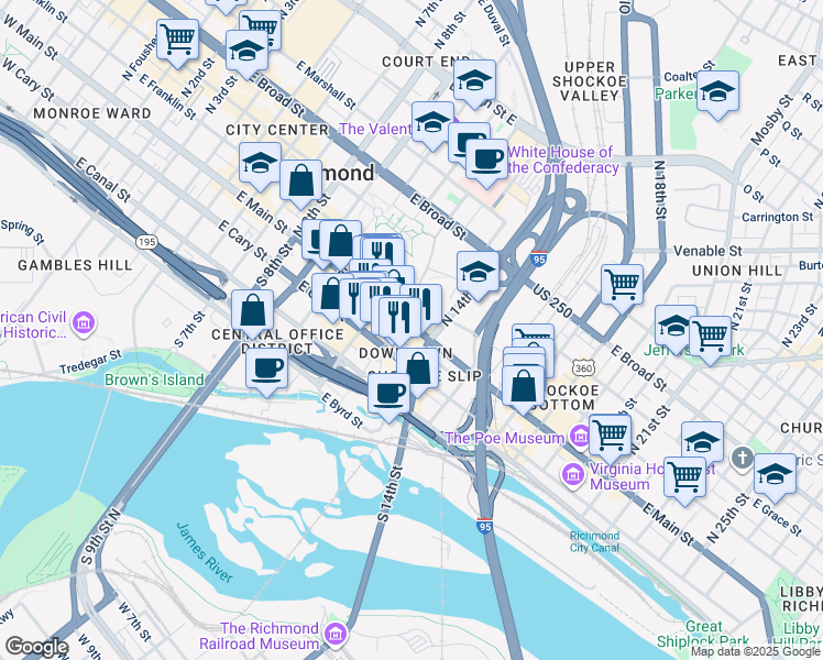 map of restaurants, bars, coffee shops, grocery stores, and more near 1313 East Main Street in Richmond