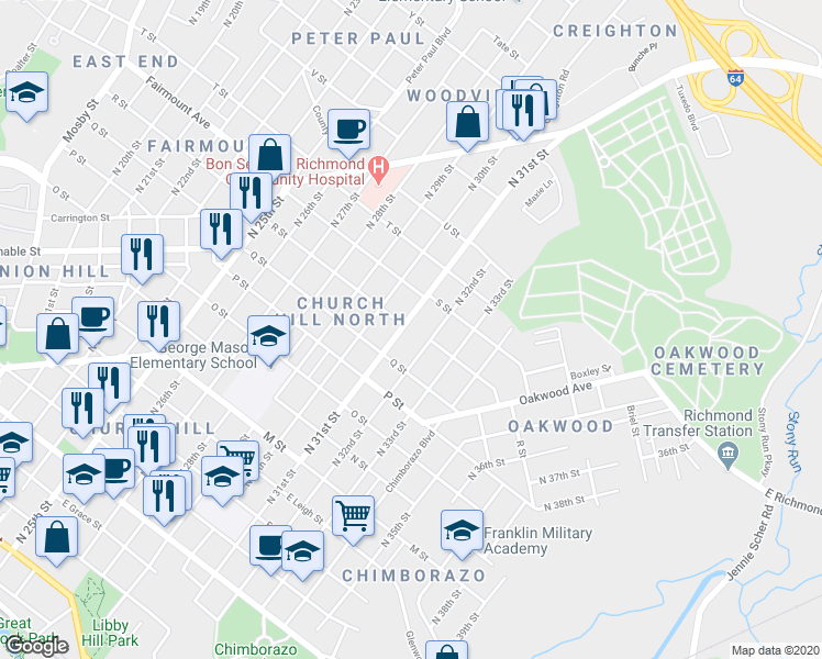 map of restaurants, bars, coffee shops, grocery stores, and more near 1133 North 31st Street in Richmond
