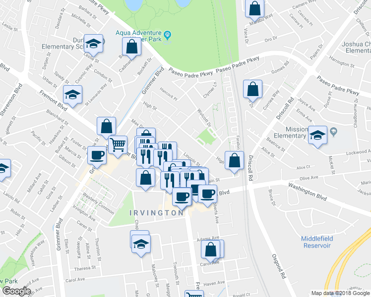map of restaurants, bars, coffee shops, grocery stores, and more near 40868 Lincoln Street in Fremont