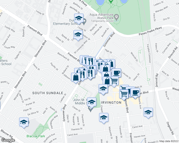 map of restaurants, bars, coffee shops, grocery stores, and more near 40559 Fremont Boulevard in Fremont