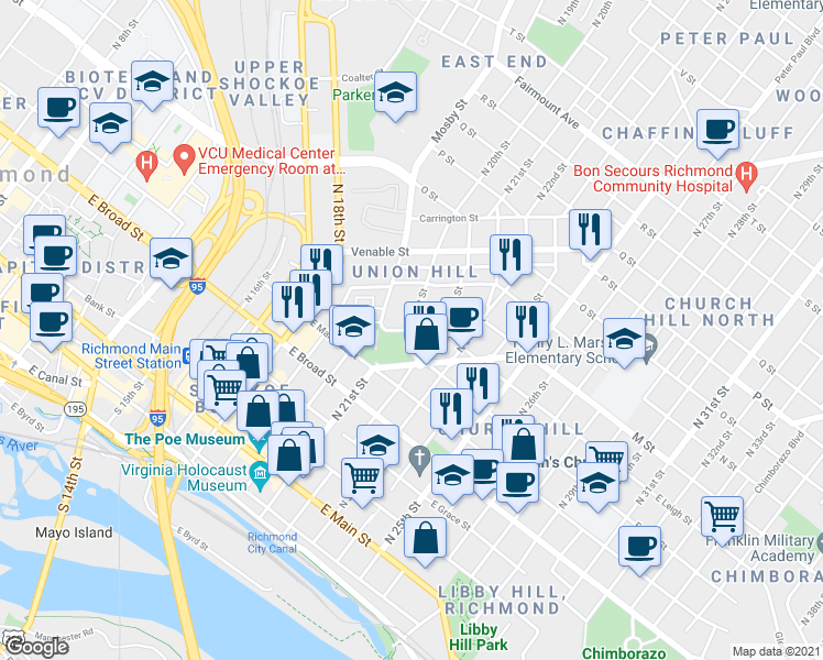 map of restaurants, bars, coffee shops, grocery stores, and more near North 21st Street & East Leigh Street in Richmond