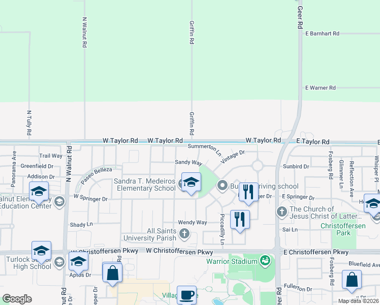 map of restaurants, bars, coffee shops, grocery stores, and more near 644 Summerton Lane in Turlock