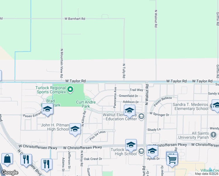 map of restaurants, bars, coffee shops, grocery stores, and more near 2301 Trail Way in Turlock