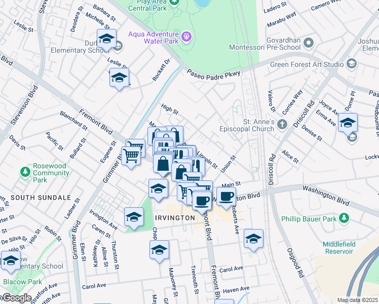 map of restaurants, bars, coffee shops, grocery stores, and more near 40831 Lincoln Street in Fremont