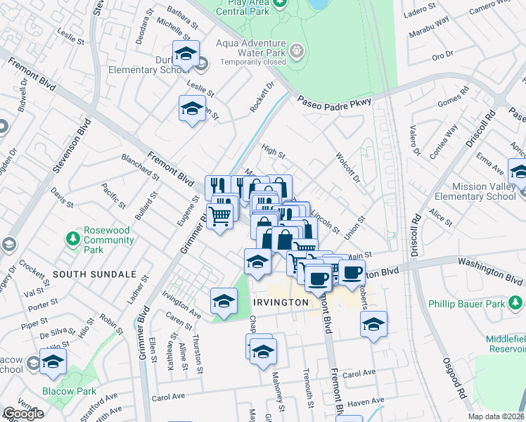 map of restaurants, bars, coffee shops, grocery stores, and more near 40753 Squill Common in Fremont