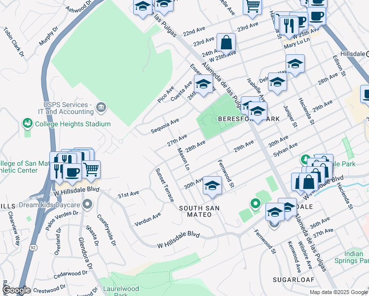 map of restaurants, bars, coffee shops, grocery stores, and more near 730 28th Avenue in San Mateo