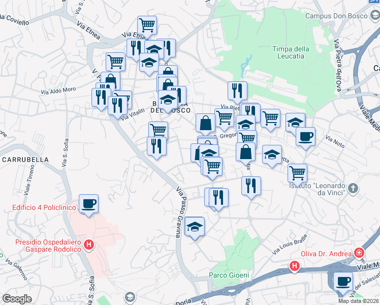 map of restaurants, bars, coffee shops, grocery stores, and more near 29 Via Francesco Guglielmino in Catania