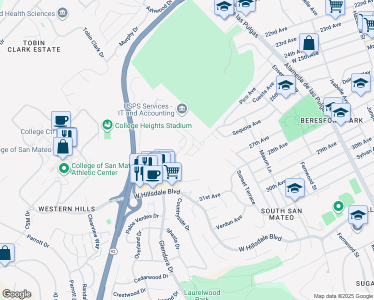map of restaurants, bars, coffee shops, grocery stores, and more near 2755 Campus Dr in San Mateo