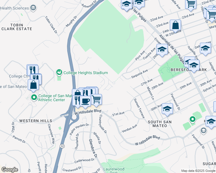 map of restaurants, bars, coffee shops, grocery stores, and more near 2434 Willow Way in San Mateo