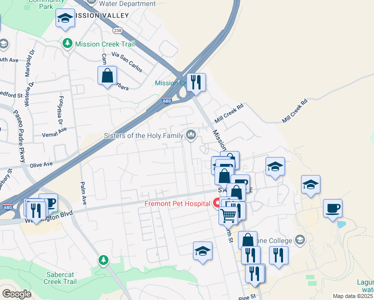 map of restaurants, bars, coffee shops, grocery stores, and more near 43110 Starr Street in Fremont