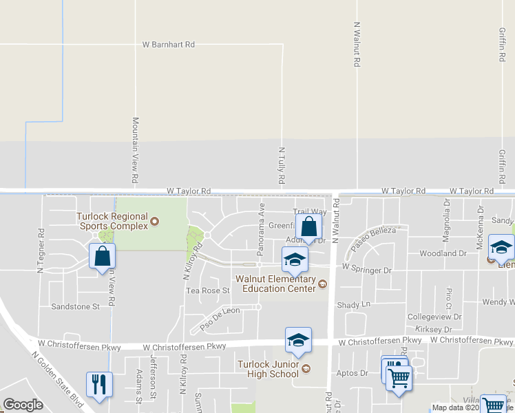 map of restaurants, bars, coffee shops, grocery stores, and more near 2301 Trail Way in Turlock