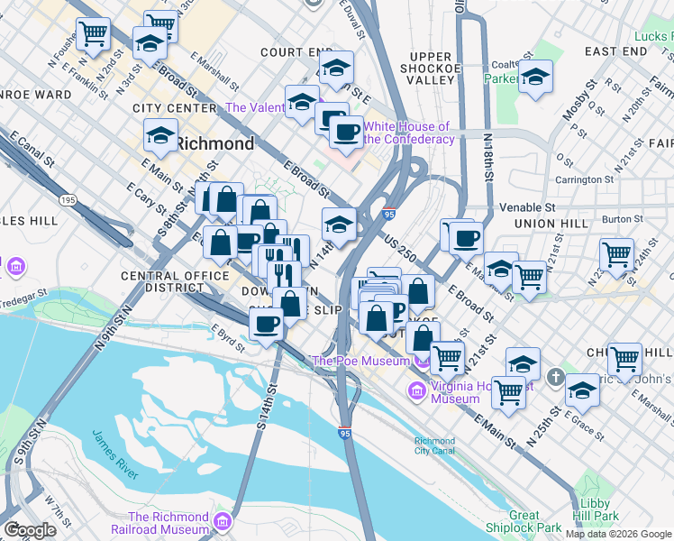 map of restaurants, bars, coffee shops, grocery stores, and more near 4 East Franklin Street in Richmond