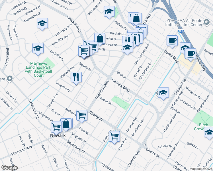map of restaurants, bars, coffee shops, grocery stores, and more near 6170 Thornton Avenue in Newark
