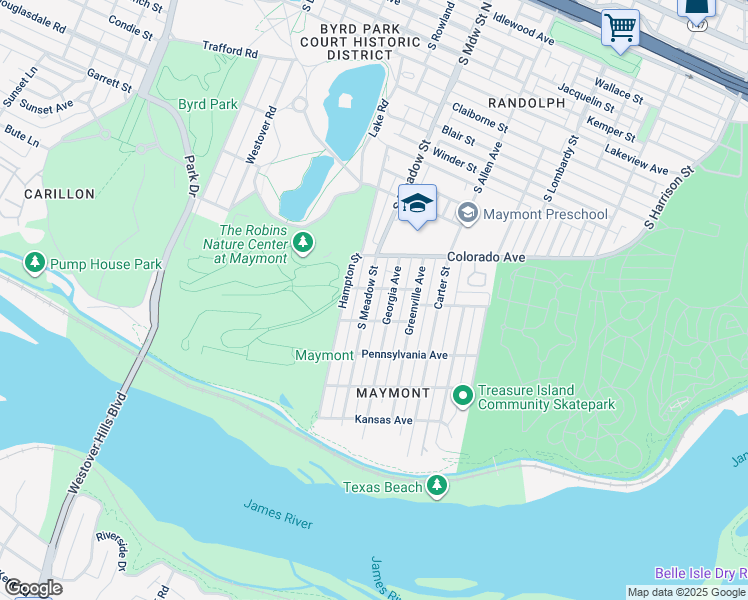 map of restaurants, bars, coffee shops, grocery stores, and more near 1505 South Meadow Street in Richmond