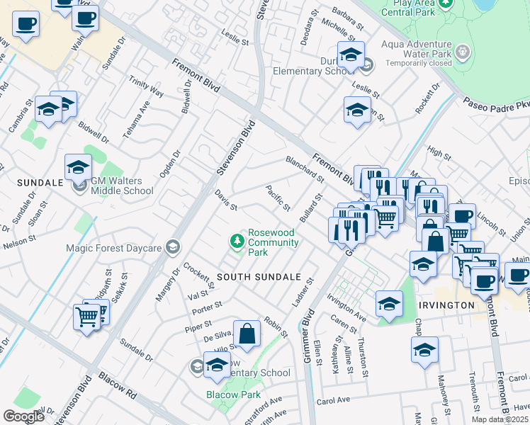 map of restaurants, bars, coffee shops, grocery stores, and more near 40271 Davis Street in Fremont