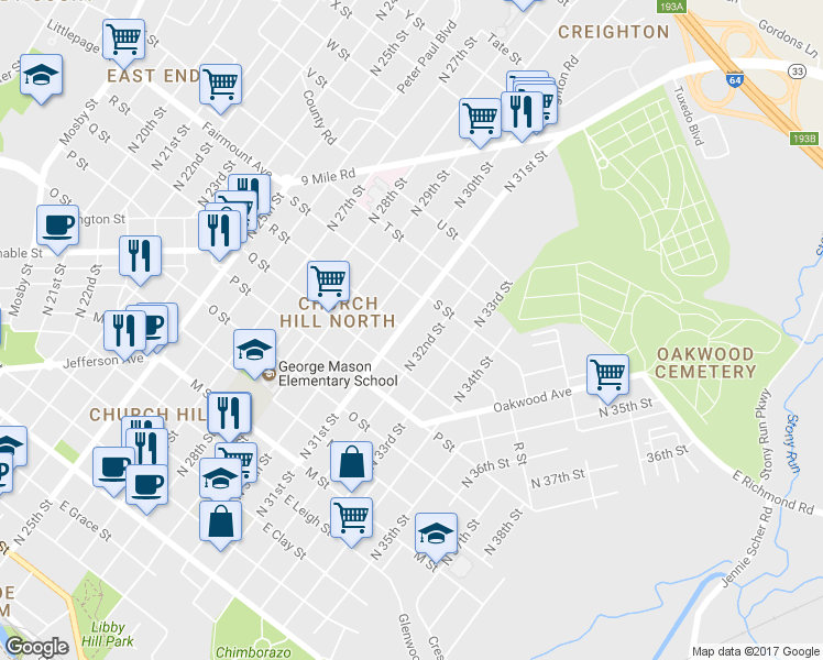 map of restaurants, bars, coffee shops, grocery stores, and more near 1201 North 31st Street in Richmond