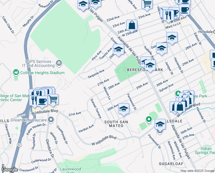 map of restaurants, bars, coffee shops, grocery stores, and more near 730 28th Avenue in San Mateo