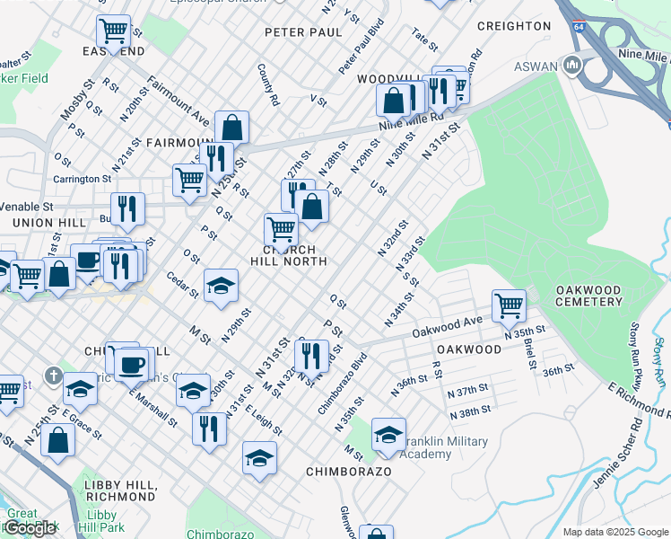 map of restaurants, bars, coffee shops, grocery stores, and more near 1124 North 31st Street in Richmond