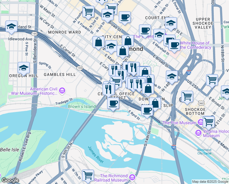 map of restaurants, bars, coffee shops, grocery stores, and more near in Richmond