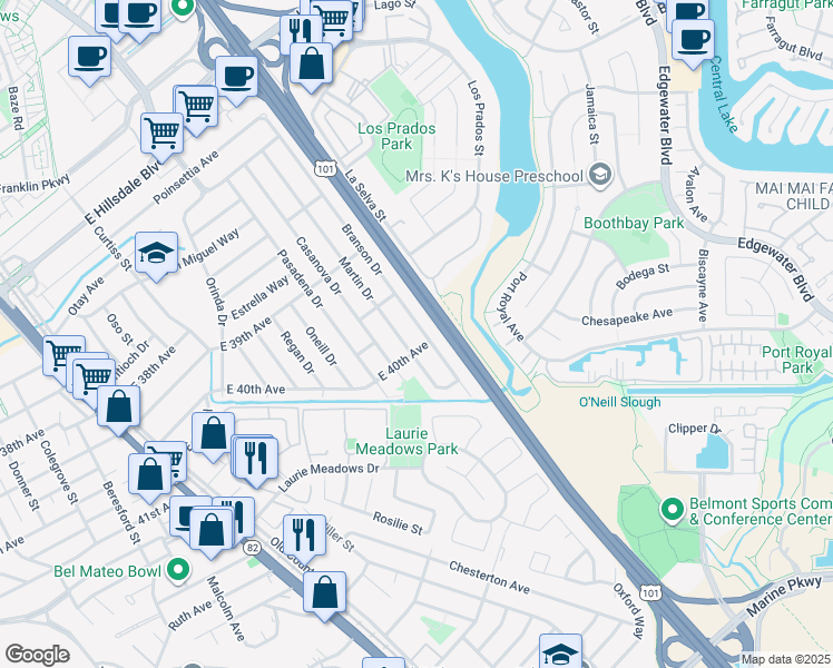 map of restaurants, bars, coffee shops, grocery stores, and more near 3988 Branson Drive in San Mateo