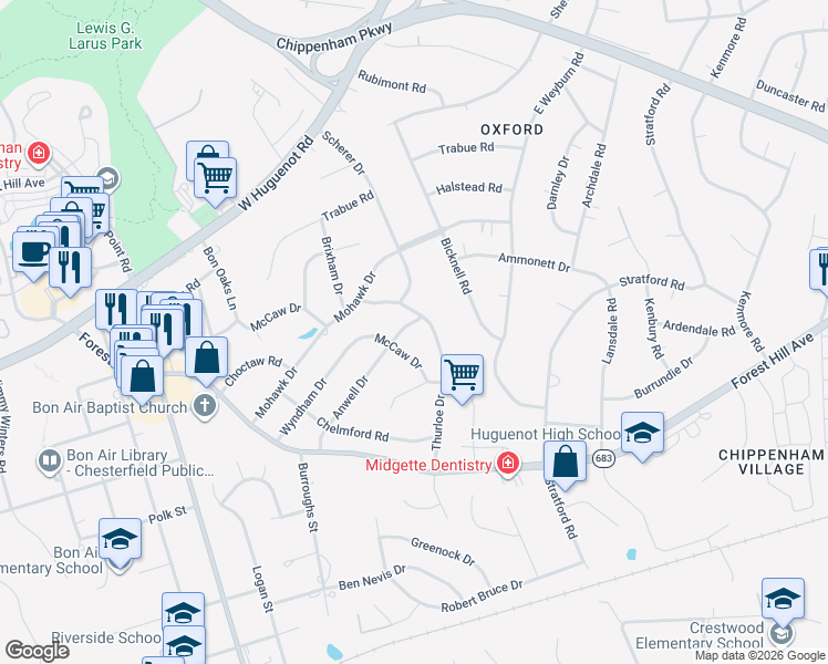 map of restaurants, bars, coffee shops, grocery stores, and more near 2823 Anwell Drive in Richmond