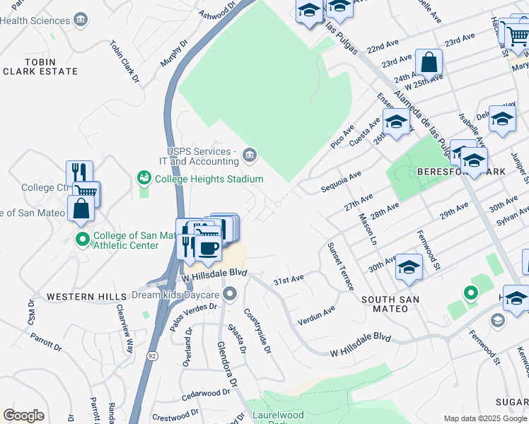 map of restaurants, bars, coffee shops, grocery stores, and more near 2432 Willow Way in San Bruno