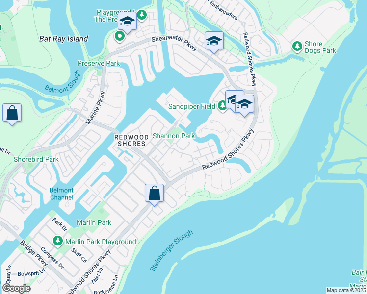 map of restaurants, bars, coffee shops, grocery stores, and more near 504 Mendocino Way in Redwood City