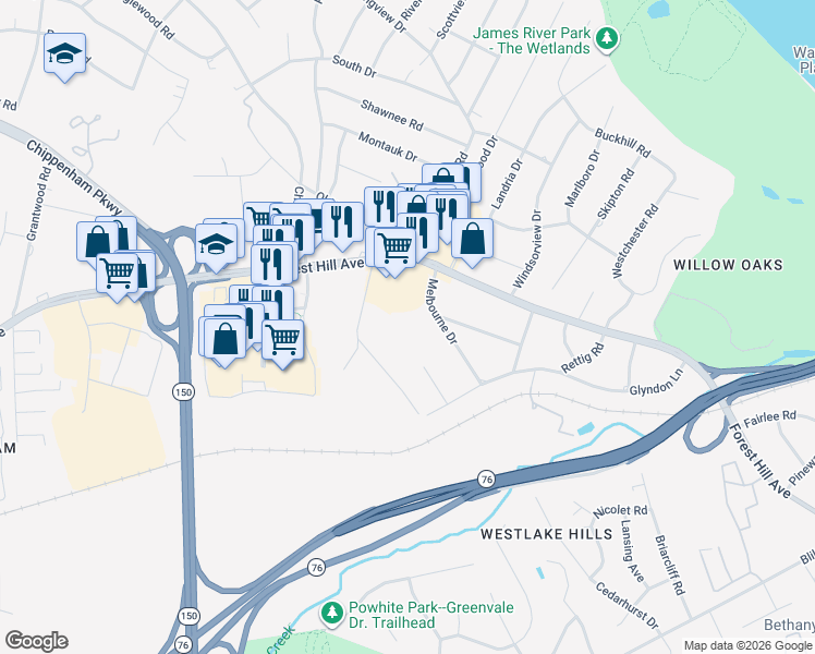 map of restaurants, bars, coffee shops, grocery stores, and more near 2619 Granite Hill Circle in Richmond