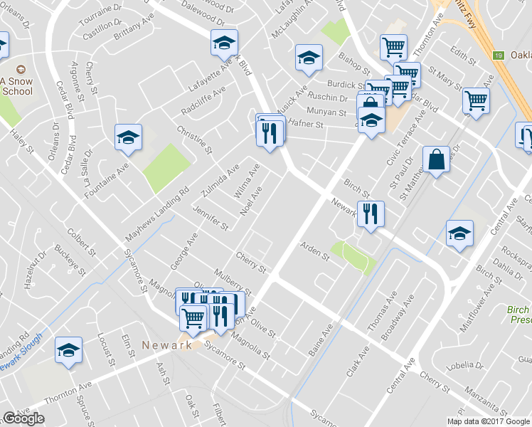 map of restaurants, bars, coffee shops, grocery stores, and more near 6290 Dairy Avenue in Newark