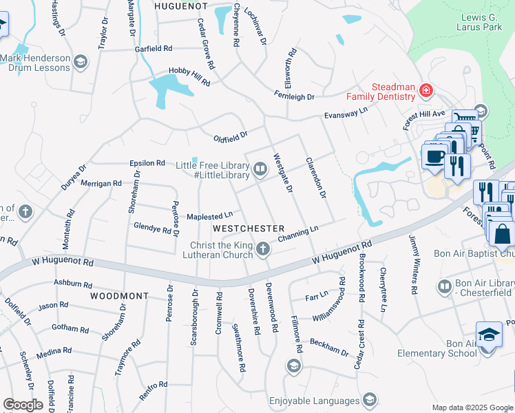 map of restaurants, bars, coffee shops, grocery stores, and more near 2912 Weymouth Drive in Richmond