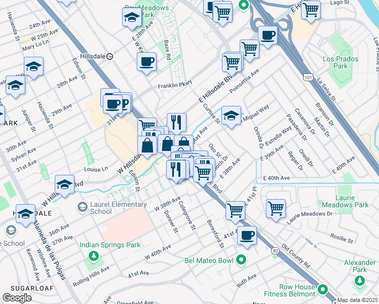 map of restaurants, bars, coffee shops, grocery stores, and more near 8 Otay Avenue in San Mateo