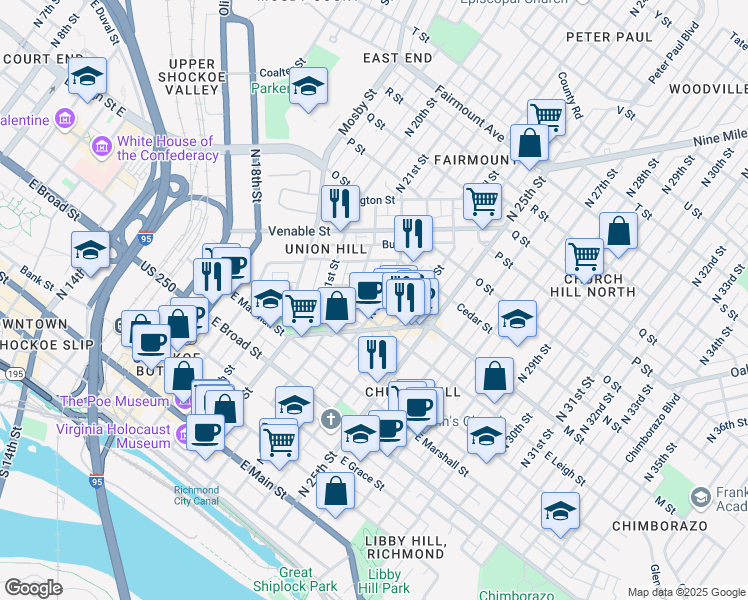 map of restaurants, bars, coffee shops, grocery stores, and more near 614 1/2 North 23rd Street in Richmond
