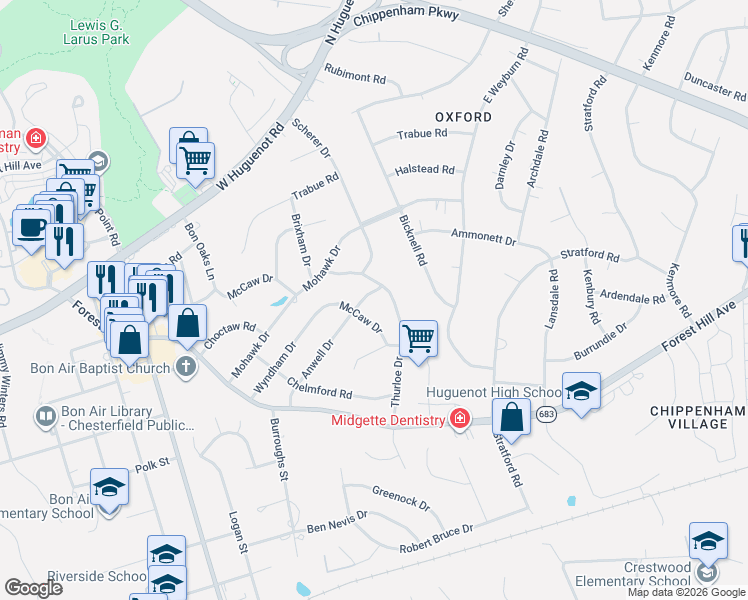 map of restaurants, bars, coffee shops, grocery stores, and more near 2823 Anwell Drive in Richmond