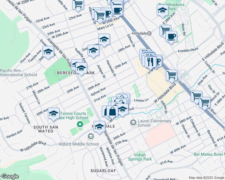 map of restaurants, bars, coffee shops, grocery stores, and more near 312 31st Avenue in San Mateo