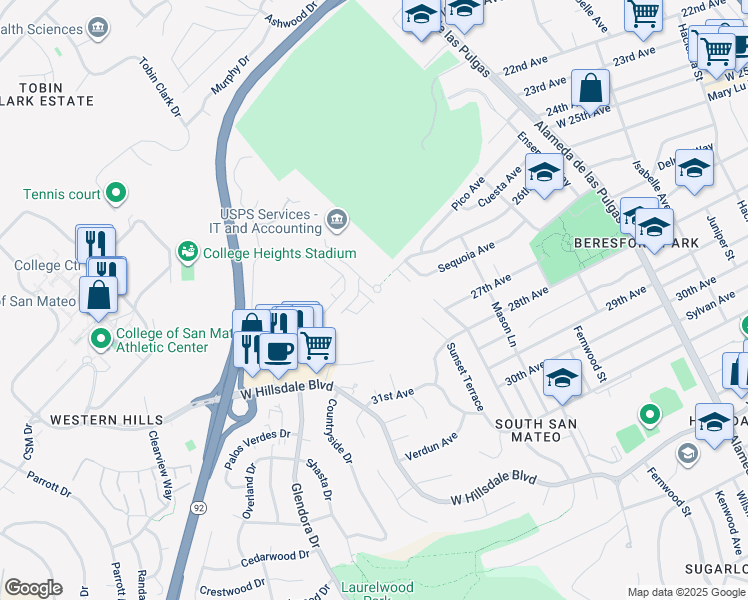 map of restaurants, bars, coffee shops, grocery stores, and more near 2500 Sage Street in San Mateo