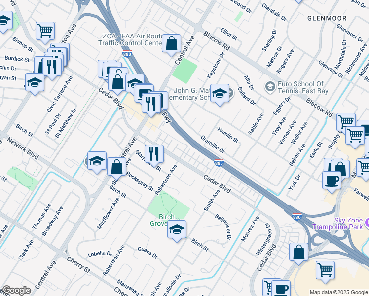 map of restaurants, bars, coffee shops, grocery stores, and more near 5521 Azalea Way in Newark