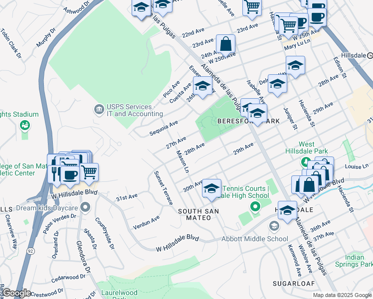 map of restaurants, bars, coffee shops, grocery stores, and more near 730 28th Avenue in San Mateo