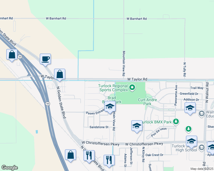 map of restaurants, bars, coffee shops, grocery stores, and more near 4540 Sunny Oak Court in Turlock