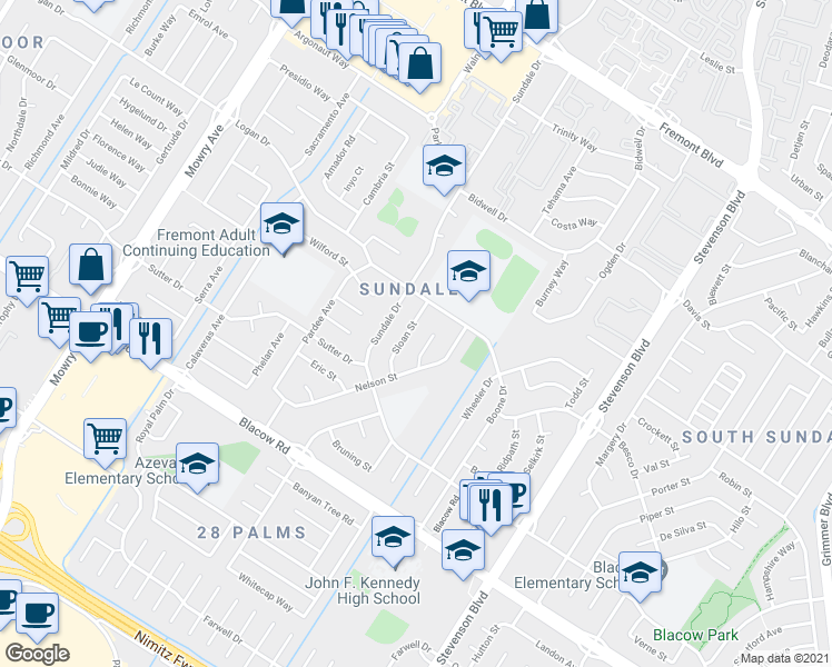 map of restaurants, bars, coffee shops, grocery stores, and more near 4634 Sloan Street in Fremont