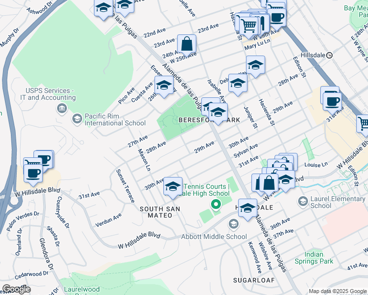 map of restaurants, bars, coffee shops, grocery stores, and more near 615 Ventura Avenue in San Mateo