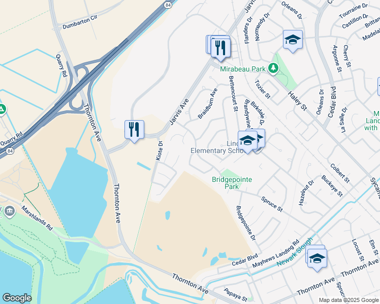 map of restaurants, bars, coffee shops, grocery stores, and more near 8063 Merion Drive in Newark